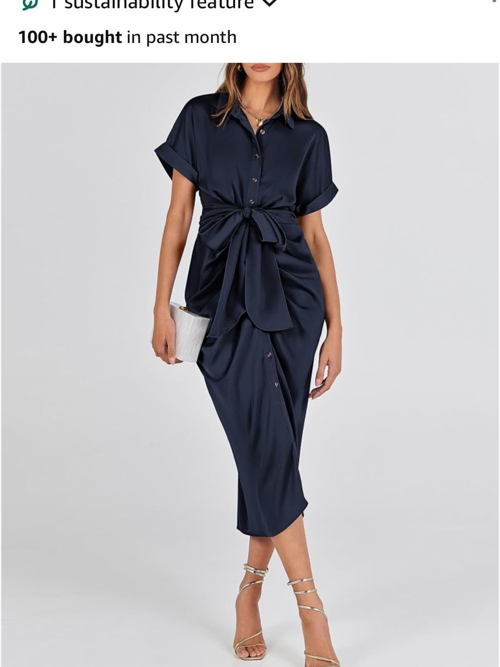 NEVER WORN : Amazon Navy Satin Midi Shirt Dress with Front Tie